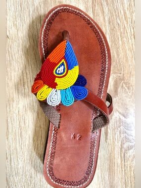 Handcrafted Multicolor Beaded Leather Thong Sandal